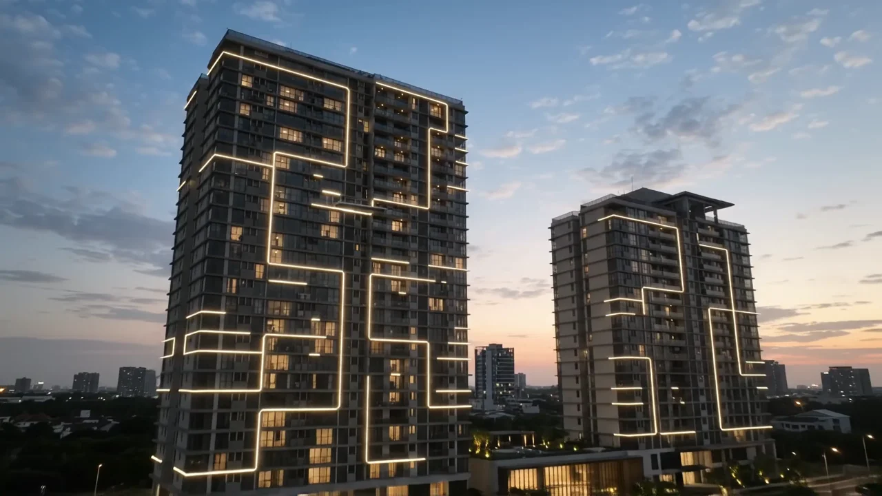 Visualização ilustrativa do MS Tower: fachadas, áreas de convivência e torres ao entardecer.